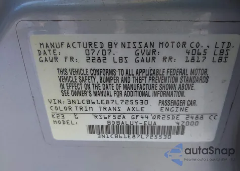2007 Nissan Sentra Se-R Spec V z USA, uszkodzony, nr VIN 3N1CB61E87L725530